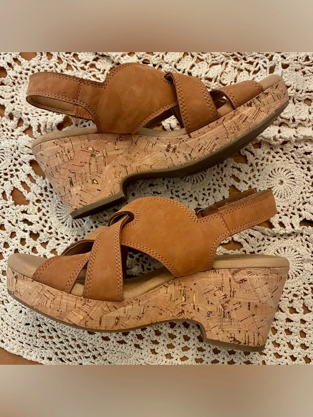 Clarks Giselle Tan Leather Cork Wedge Sandal